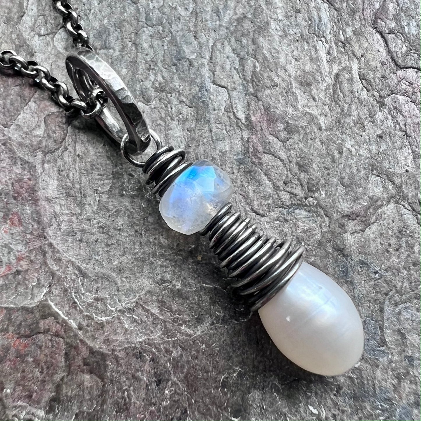 Rainbow Moonstone and Pearl Sterling Silver Necklace - Genuine Freshwater Pearl and Rainbow Moonstone Pendant on Sterling Silver Chain