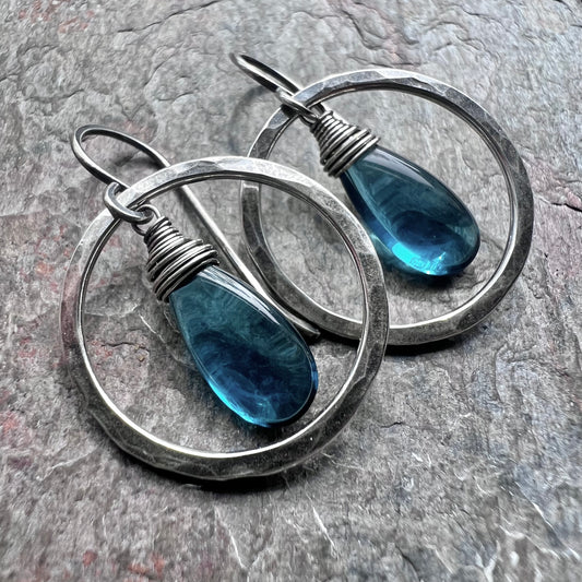 Sterling Silver and Vintage Glass Earrings - Teal Teardrops in Hammered Sterling Silver Circles