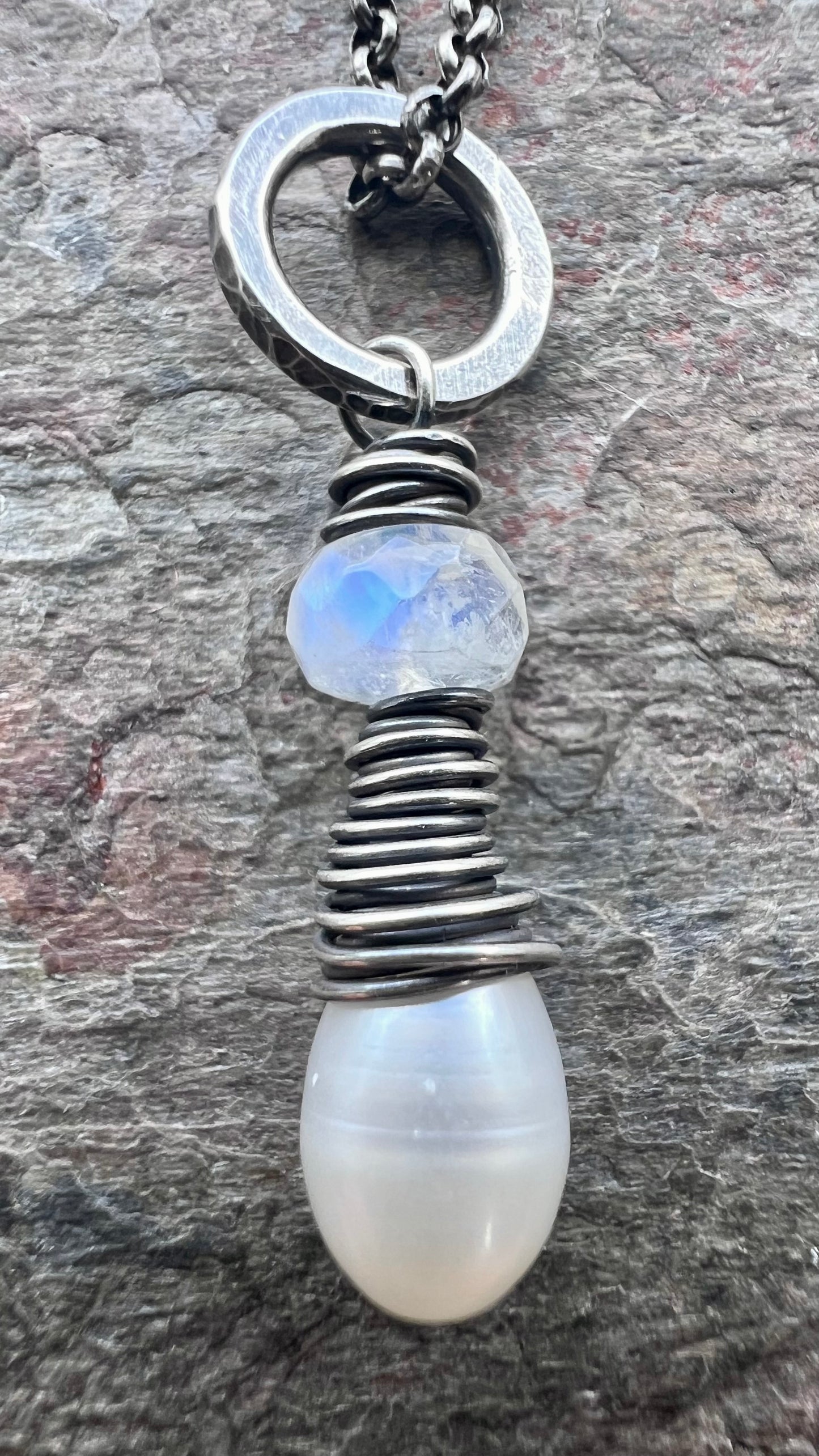 Rainbow Moonstone and Pearl Sterling Silver Necklace - Genuine Freshwater Pearl and Rainbow Moonstone Pendant on Sterling Silver Chain