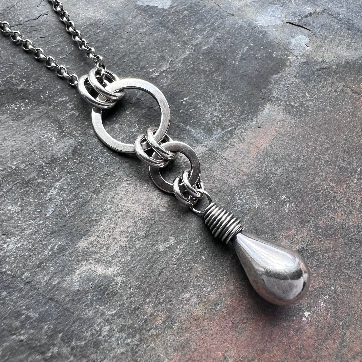Sterling Silver Teardrop and Rings Necklace | Minimalist Handmade Silver Pendant