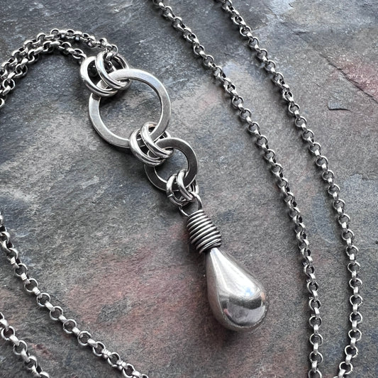 Sterling Silver Teardrop and Rings Necklace | Minimalist Handmade Silver Pendant