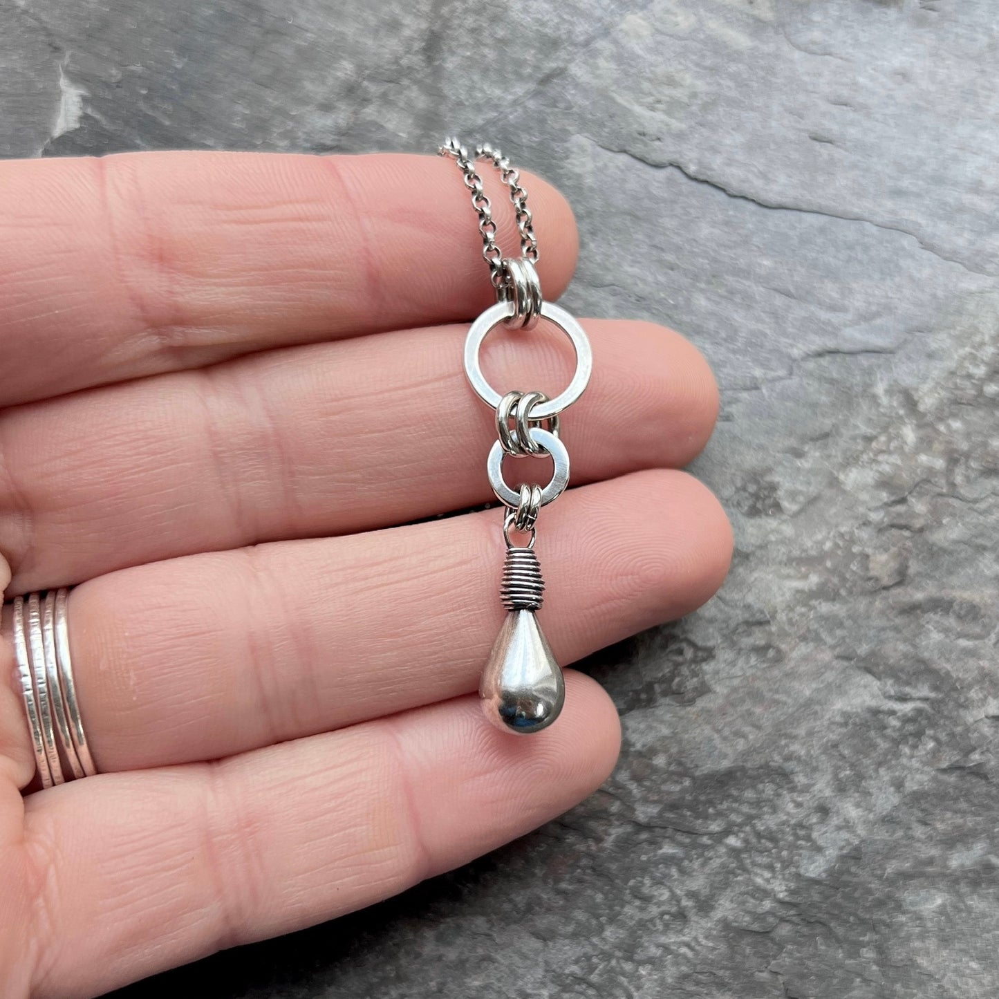 Sterling Silver Teardrop and Rings Necklace | Minimalist Handmade Silver Pendant