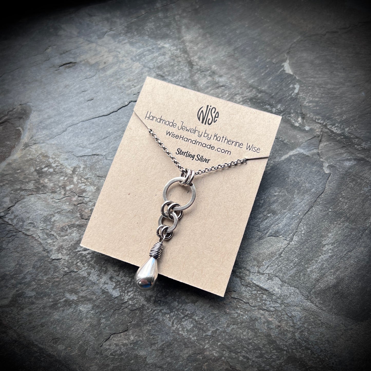 Sterling Silver Teardrop and Rings Necklace | Minimalist Handmade Silver Pendant