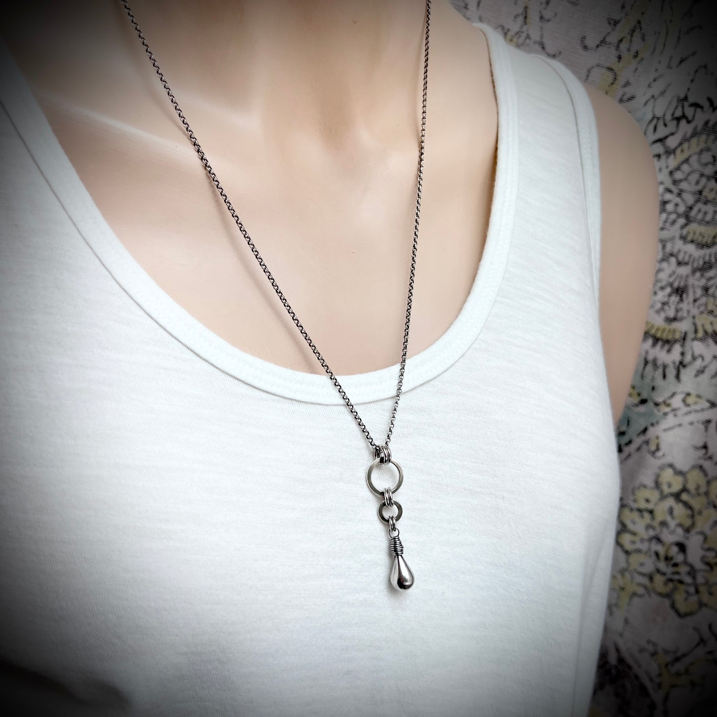 Sterling Silver Teardrop and Rings Necklace | Minimalist Handmade Silver Pendant