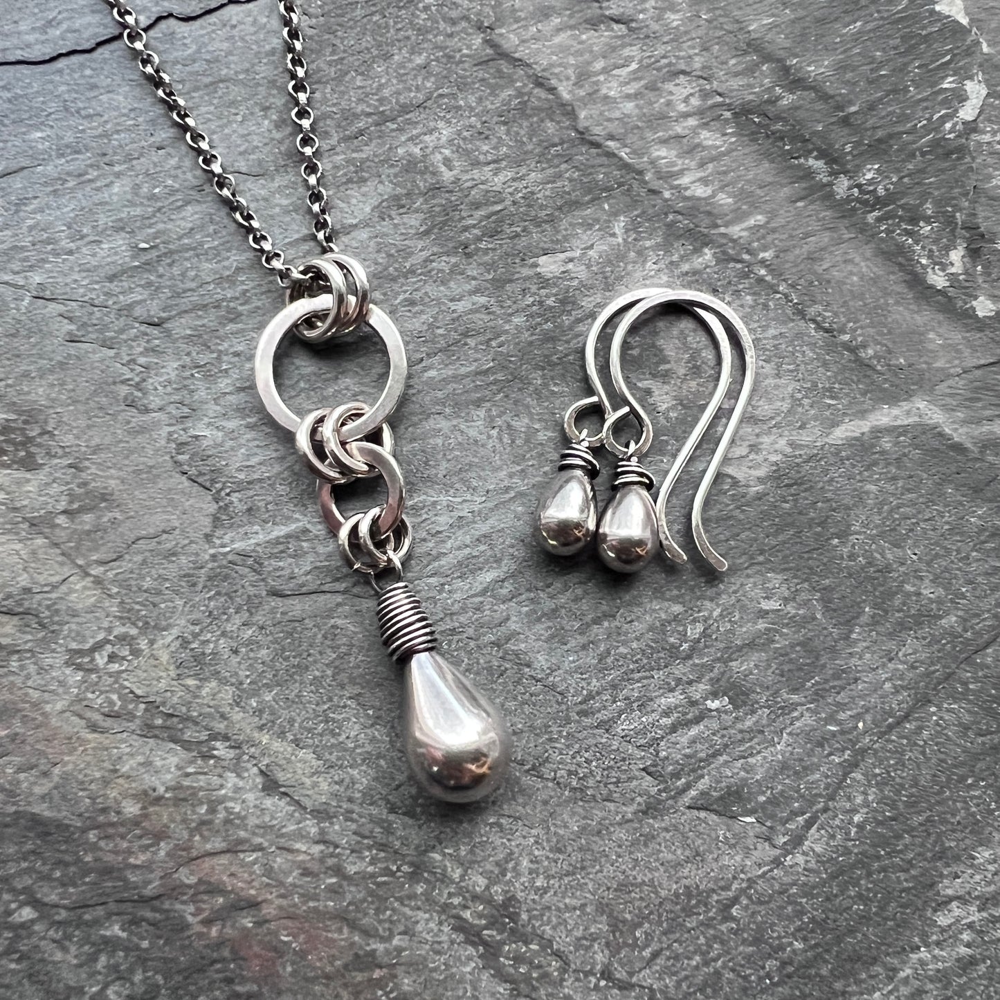 Sterling Silver Teardrop and Rings Necklace | Minimalist Handmade Silver Pendant