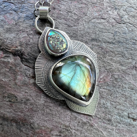 Sterling Silver Labradorite Necklace - Handmade Artisan One of a Kind Druzy and Labradorite Pendant