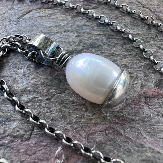 Sterling Silver Pearl Necklace - Genuine Freshwater Oval Pearl Pendant on Sterling Silver Chain