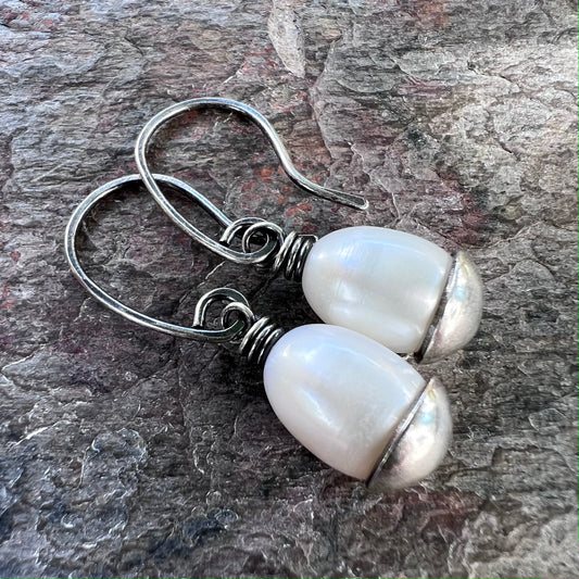 Sterling Silver Pearl Earrings - Genuine Freshwater Oval Pearls on Sterling Silver Earwires