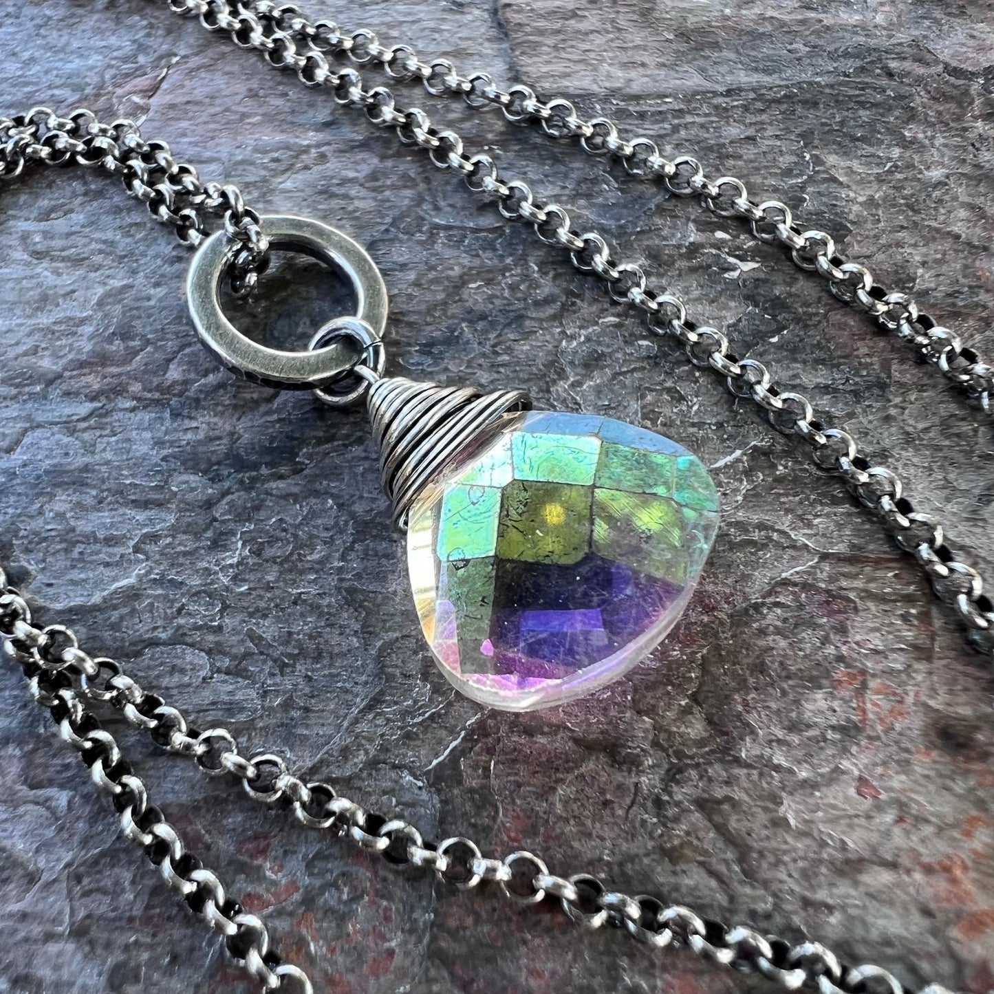 Sterling Silver Mystic Quartz Necklace - Mystic Rock Crystal Quartz Briolette Pendant on Sterling Silver Chain