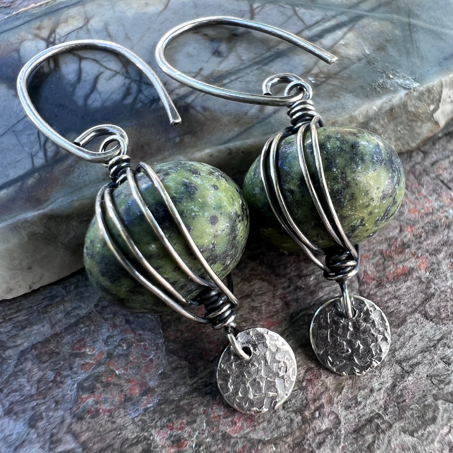 Sterling Silver Serpentine Earrings - Wire-wrapped Natural Serpentine Stones on Handmade Sterling Silver Earwires