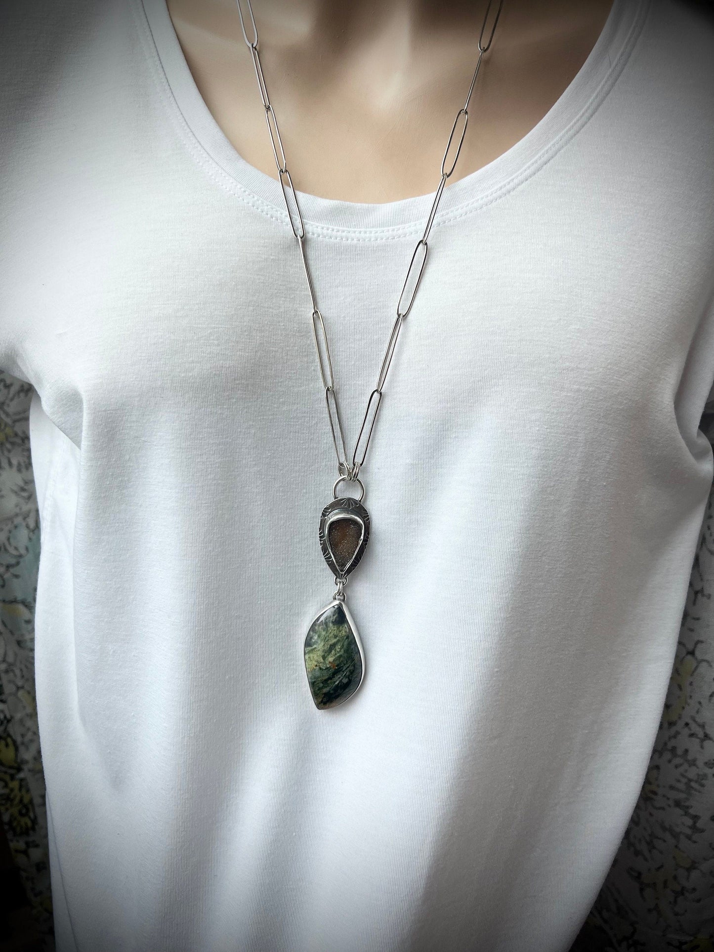 SOLD Sterling Silver Serpentine and Druzy Necklace - Handmade One-of-a-kind Pendant on Elongated Sterling Silver Chain