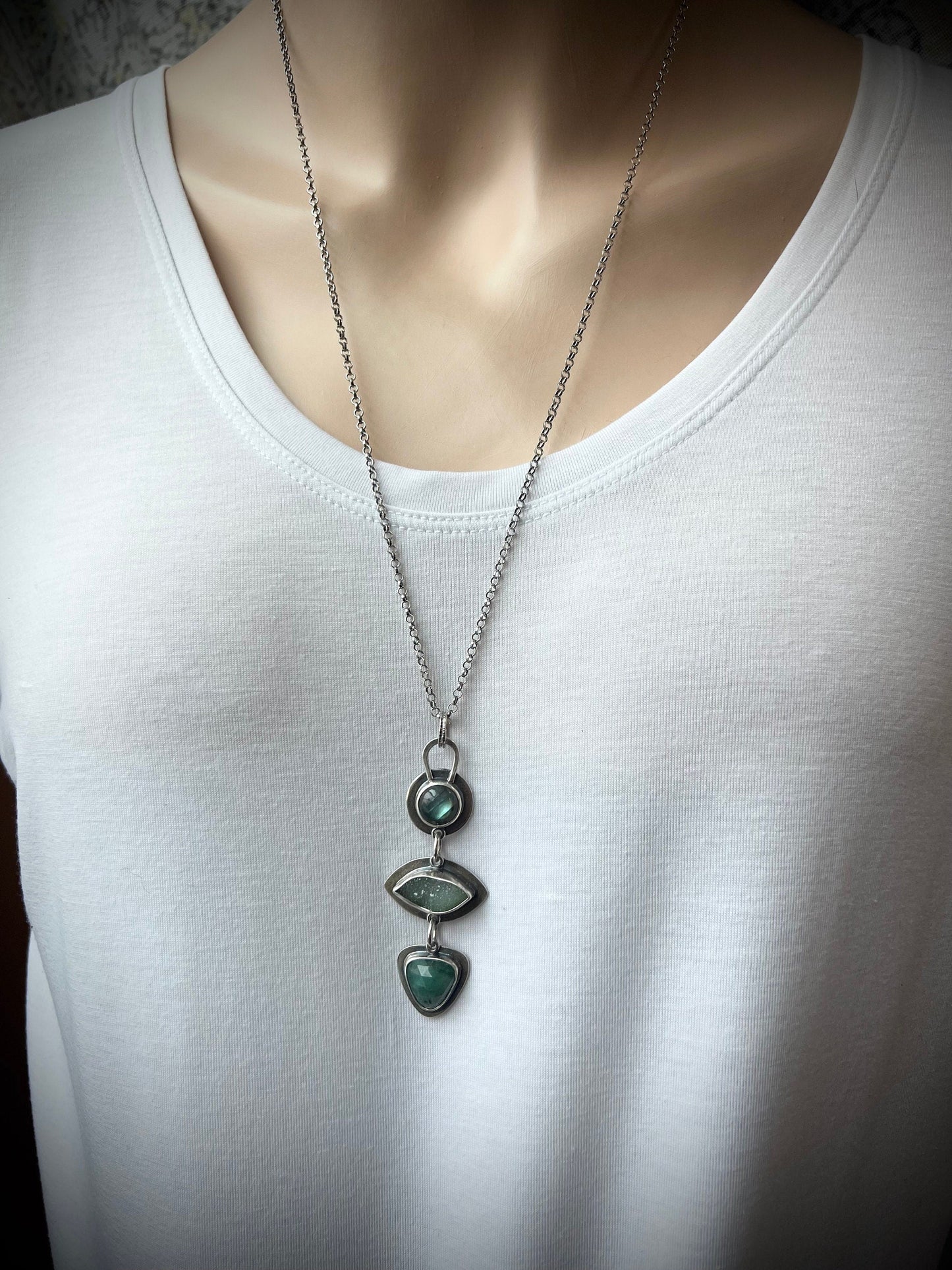 SOLD Sterling Silver Labradorite, Druzy, and Emerald Necklace - Handmade One-of-a-kind Pendant on Sterling Silver Chain