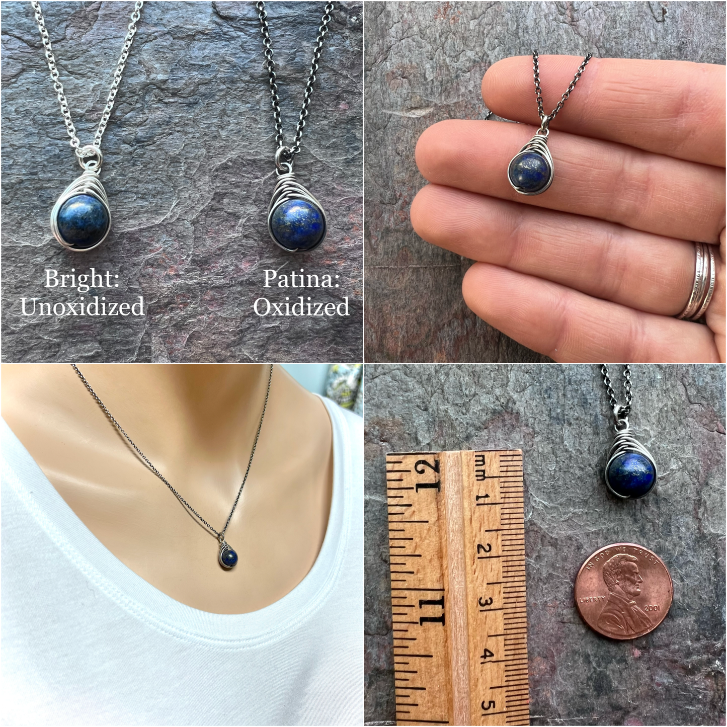 Lapis Lazuli Sterling Silver Necklace - Wire-wrapped Lapis Lazuli Pendant on Sterling Silver Chain