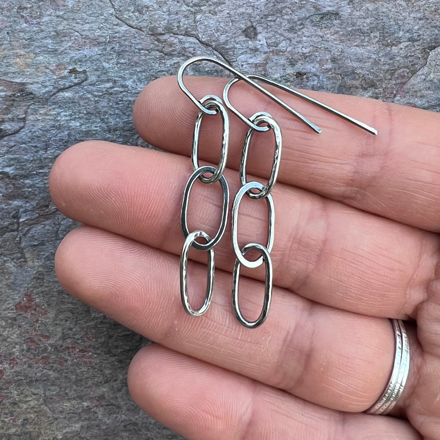 Sterling Silver Hammered Elongated Chain Earrings