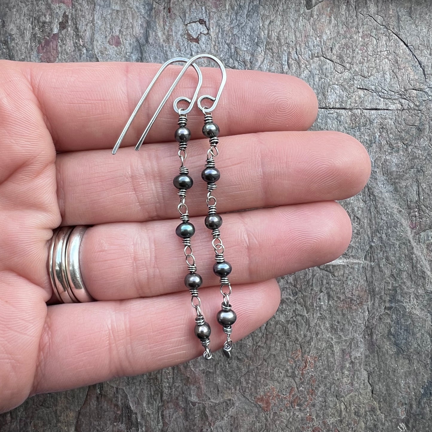 Sterling Silver and Black Pearl Earrings - Genuine Pearls Wrapped in Sterling Silver Wire