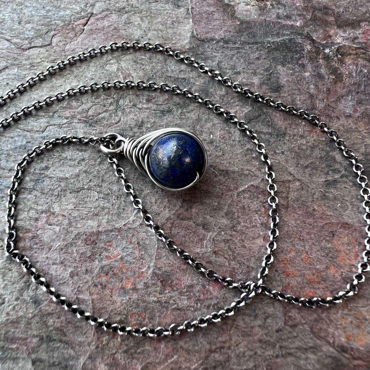Lapis Lazuli Sterling Silver Necklace - Wire-wrapped Lapis Lazuli Pendant on Sterling Silver Chain