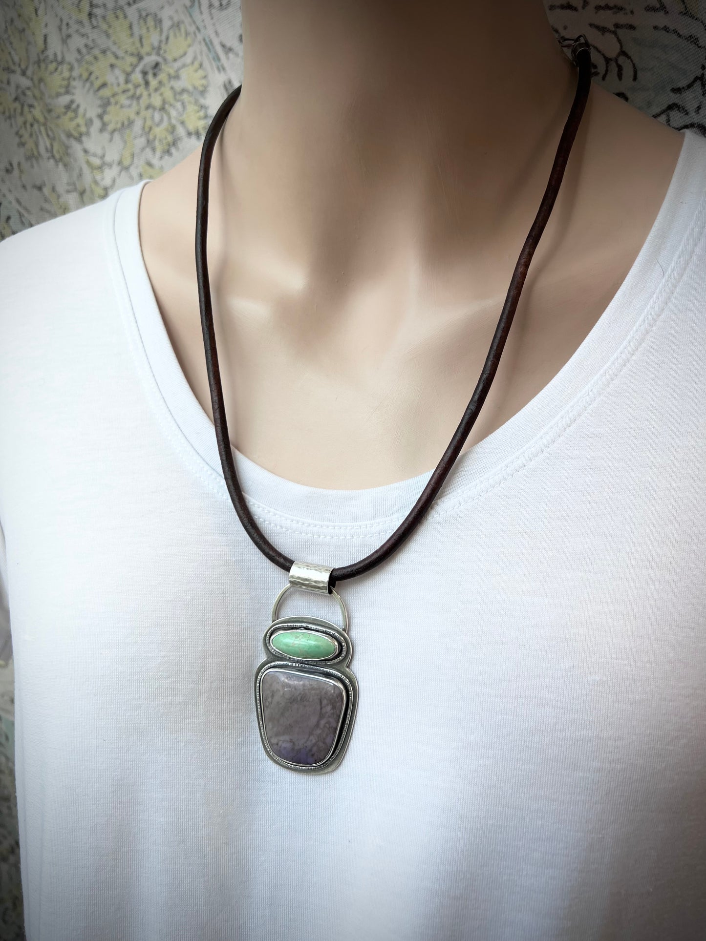 Variscite and Jade Sterling Silver Necklace - Handmade One-of-a-kind Pendant on Genuine Leather