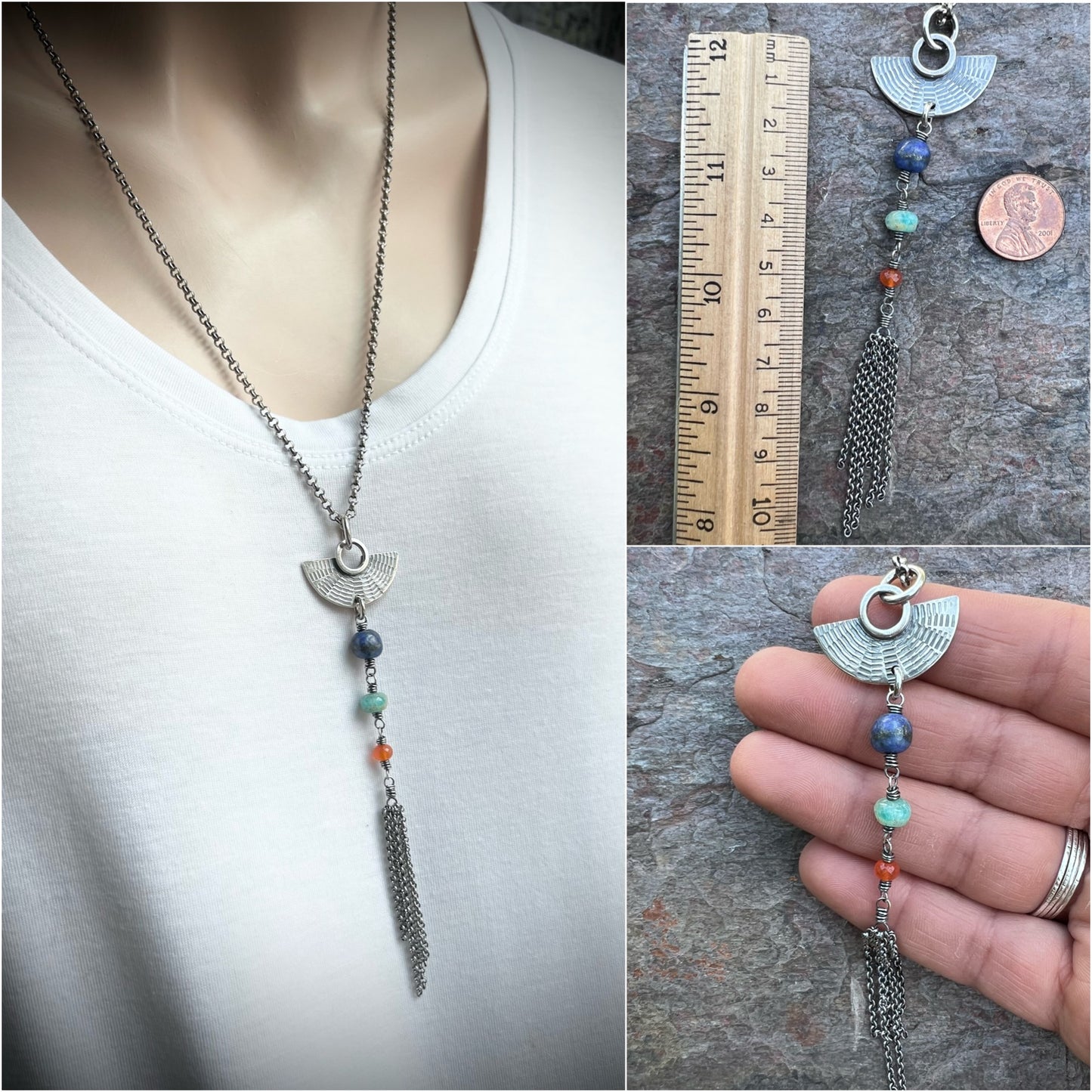 Sterling Silver Natural Stone Necklace - Lapis Lazuli, Amazonite, and Carnelian Pendant