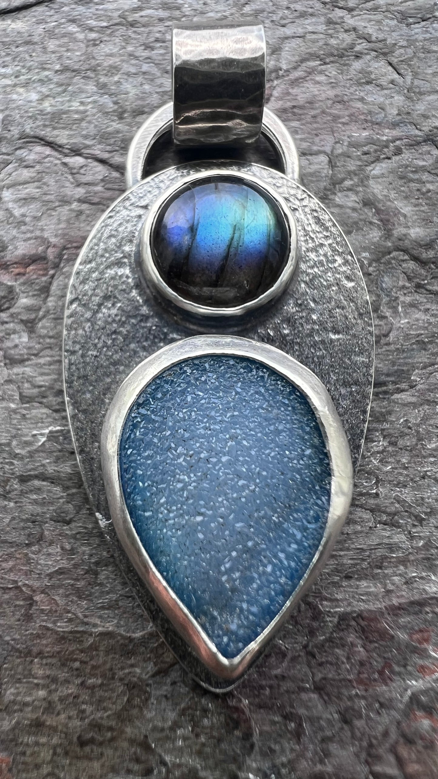 Labradorite and Agate Druzy Sterling Silver Pendant - One-of-a-Kind Handmade Pendant
