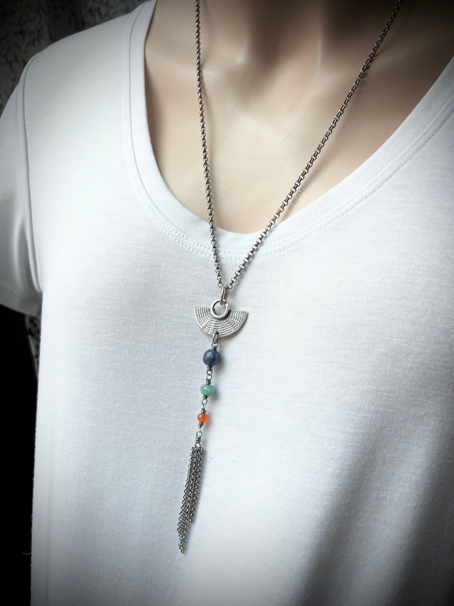 Sterling Silver Natural Stone Necklace - Lapis Lazuli, Amazonite, and Carnelian Pendant