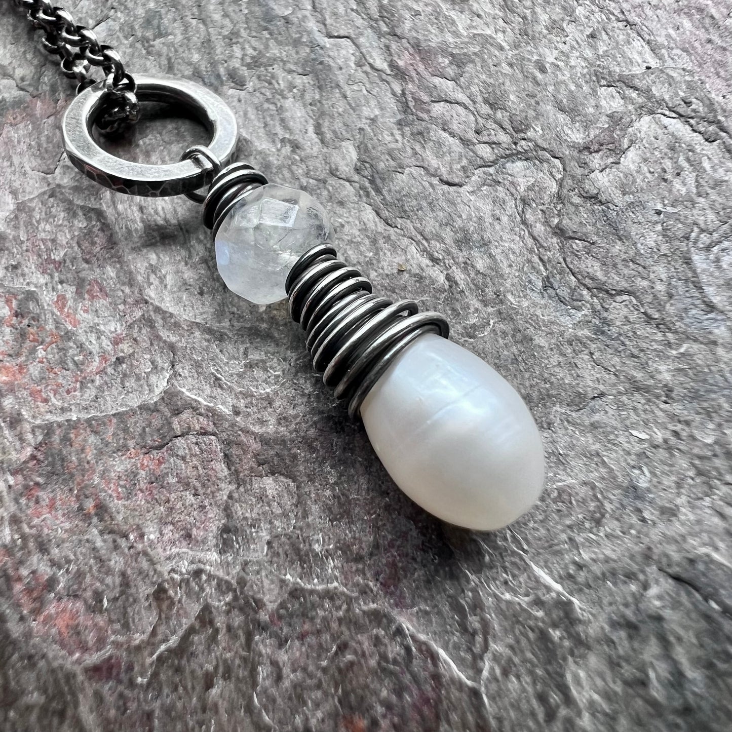 Rainbow Moonstone and Pearl Sterling Silver Necklace - Genuine Freshwater Pearl and Rainbow Moonstone Pendant on Sterling Silver Chain