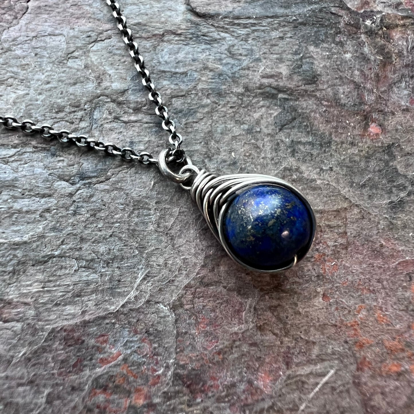 Lapis Lazuli Sterling Silver Necklace - Wire-wrapped Lapis Lazuli Pendant on Sterling Silver Chain