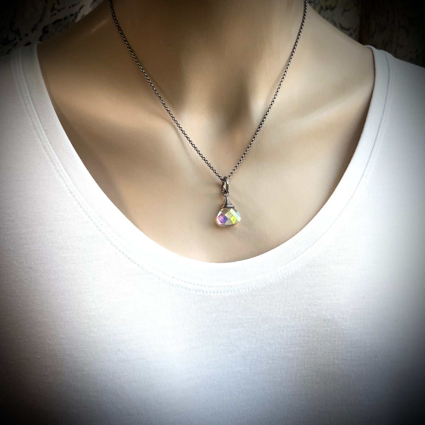 Sterling Silver Mystic Quartz Necklace - Mystic Rock Crystal Quartz Briolette Pendant on Sterling Silver Chain