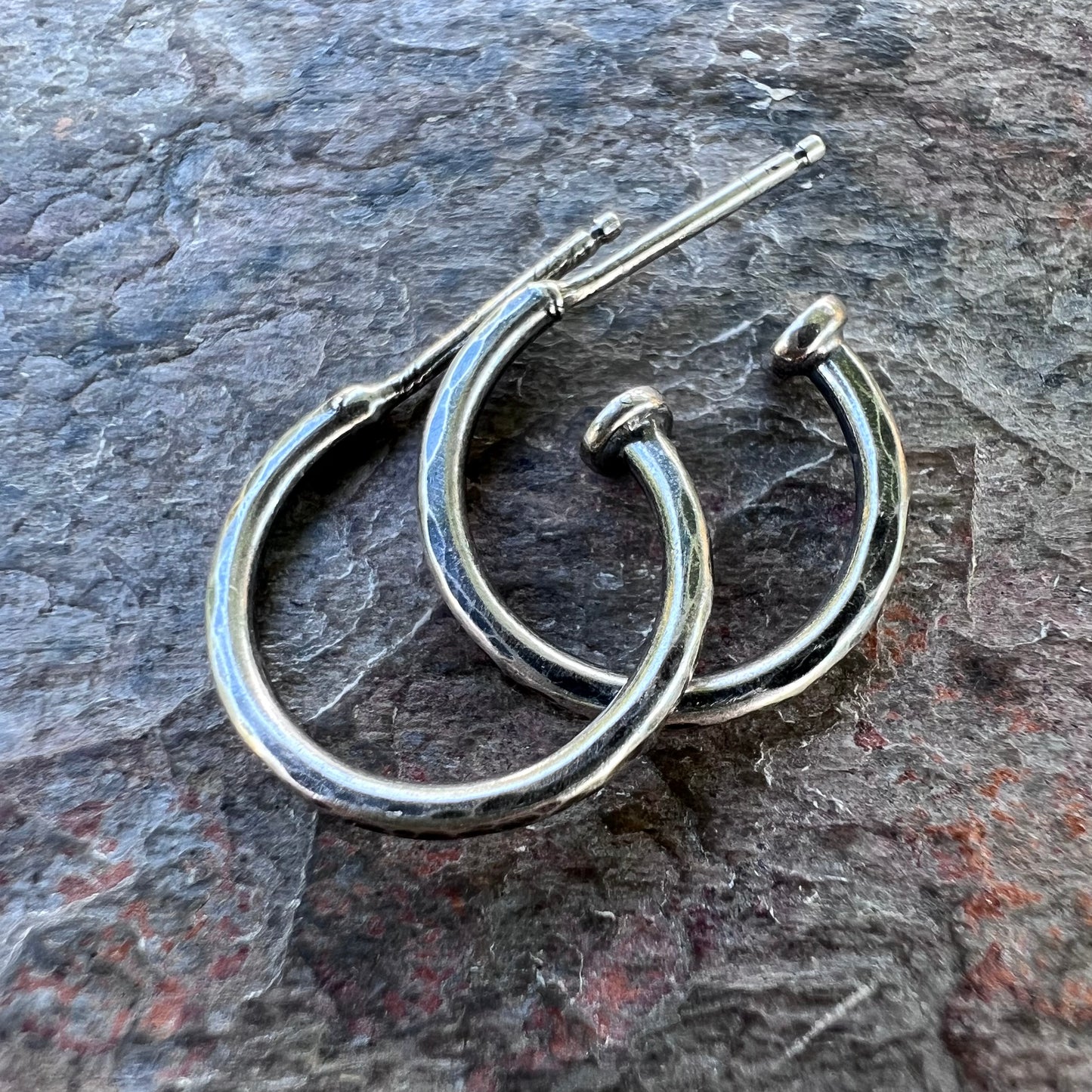 Lemon Quartz Sterling Silver Hoop Earrings - Genuine Lemon Quartz on Small Hammered Hoops