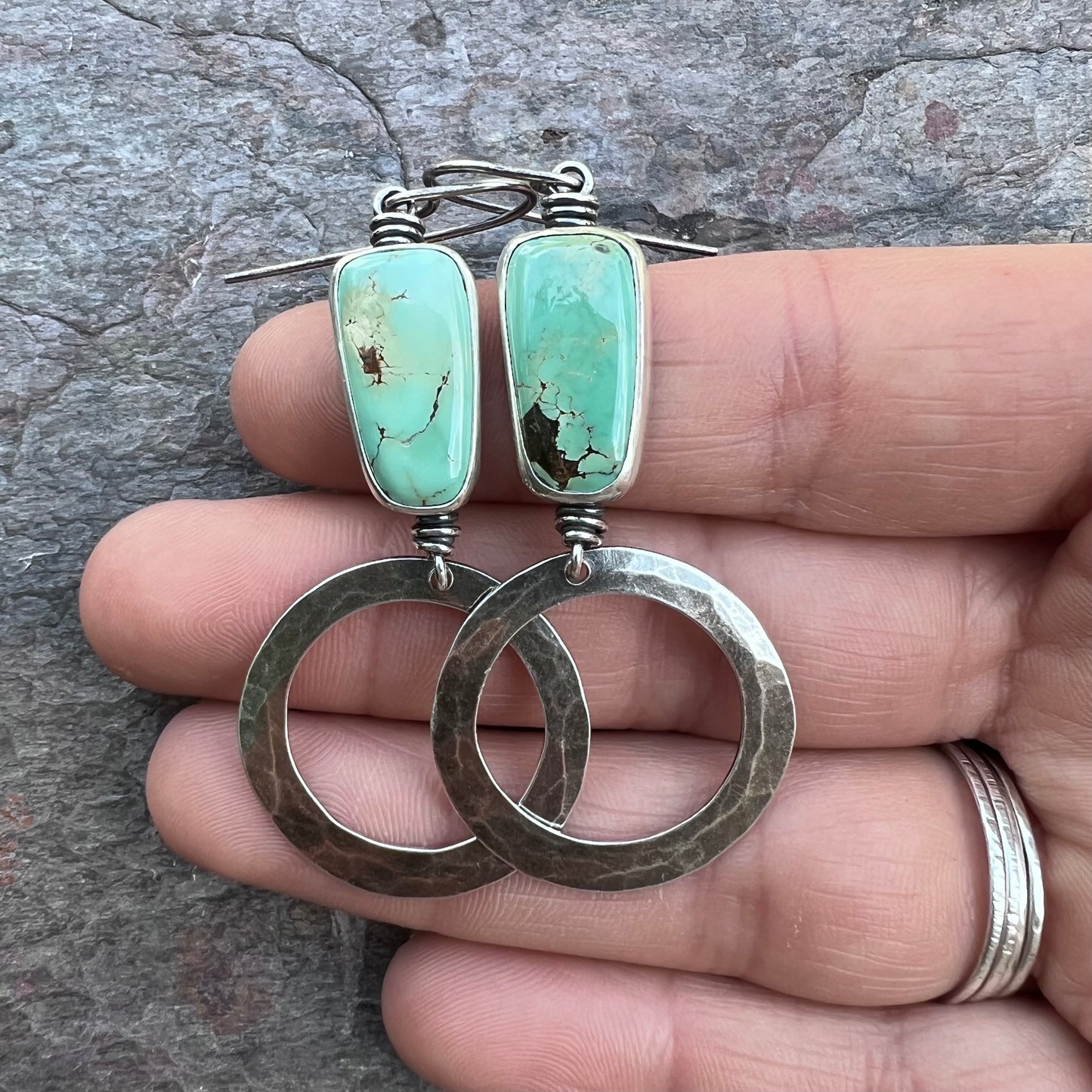 Turquoise Sterling Silver Hammered Hoop Earrings - Handmade One-of-a-kind Earrings