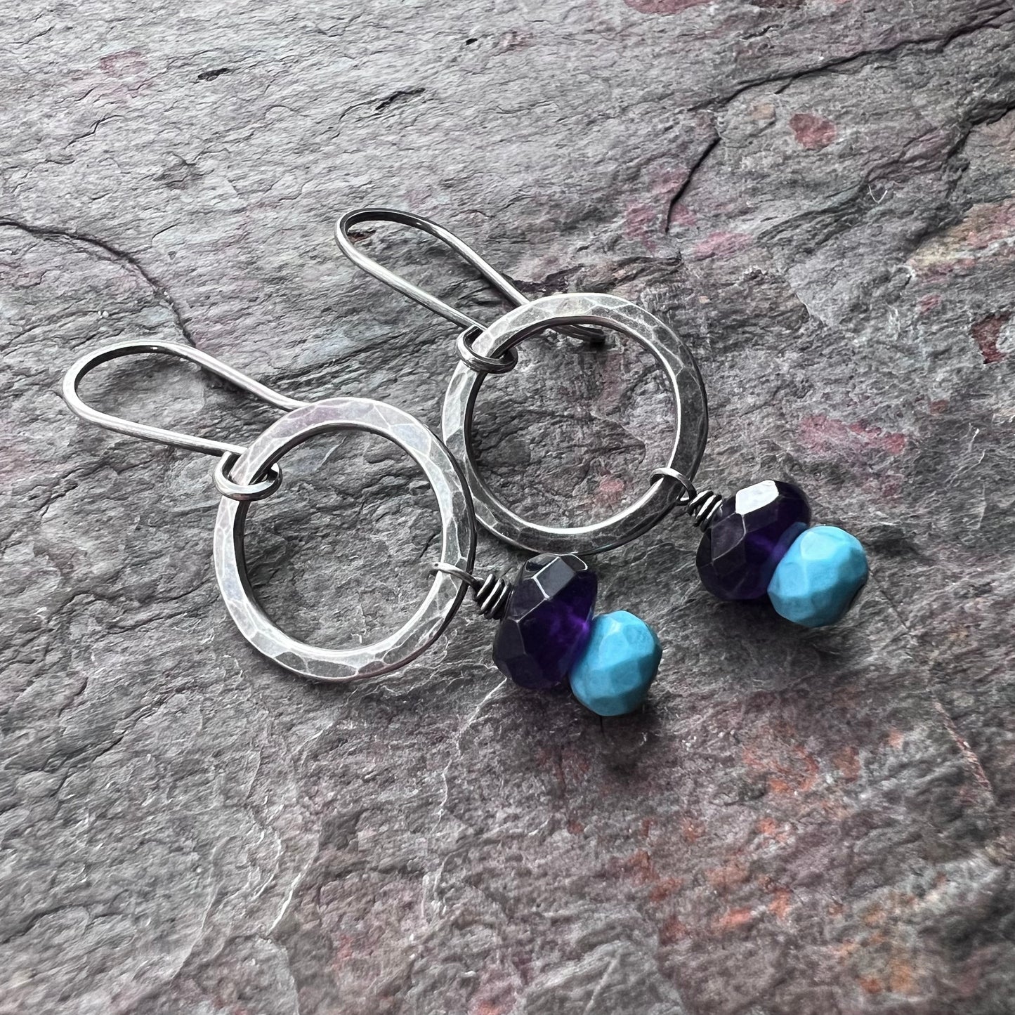 Amethyst and Turquoise Sterling Silver Earrings - Amethyst and Turquoise on Hammered Sterling Silver Rings