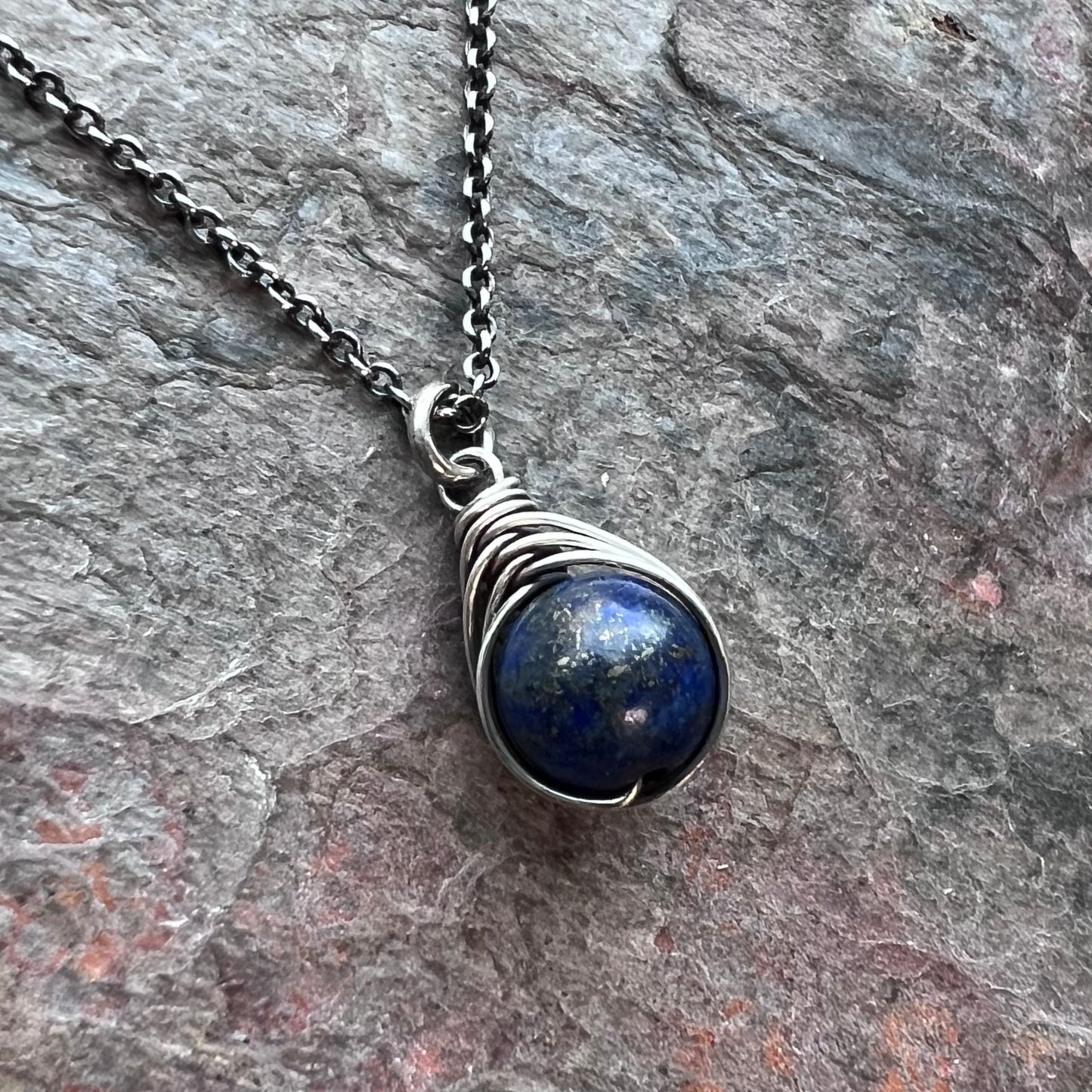 Lapis Lazuli Sterling Silver Necklace - Wire-wrapped Lapis Lazuli Pendant on Sterling Silver Chain