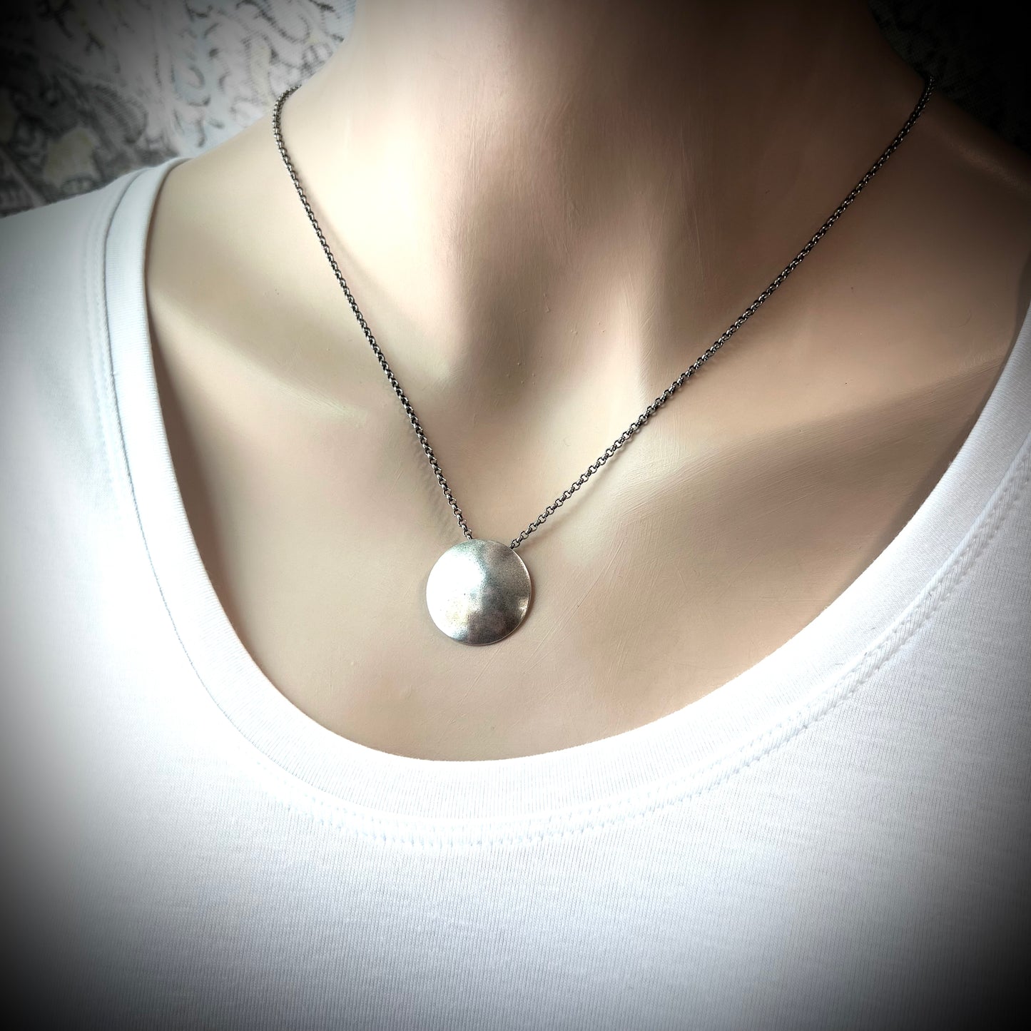 Sterling Silver Domed Circle Necklace - Handmade Sterling Silver Pendant on Sterling Silver Chain