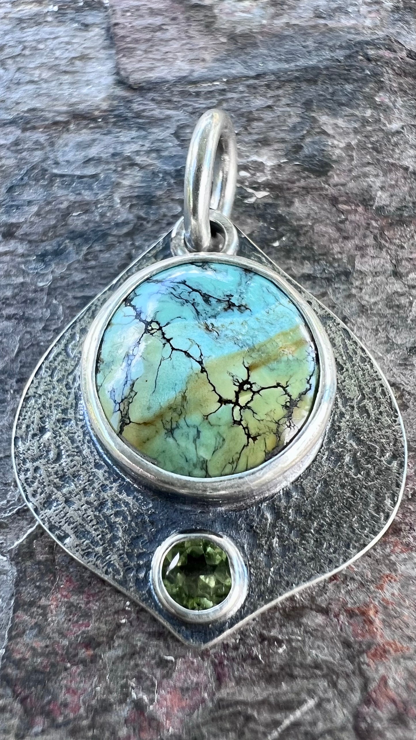 Turquoise and Peridot Sterling Silver Pendant - One-of-a-Kind Handmade Pendant