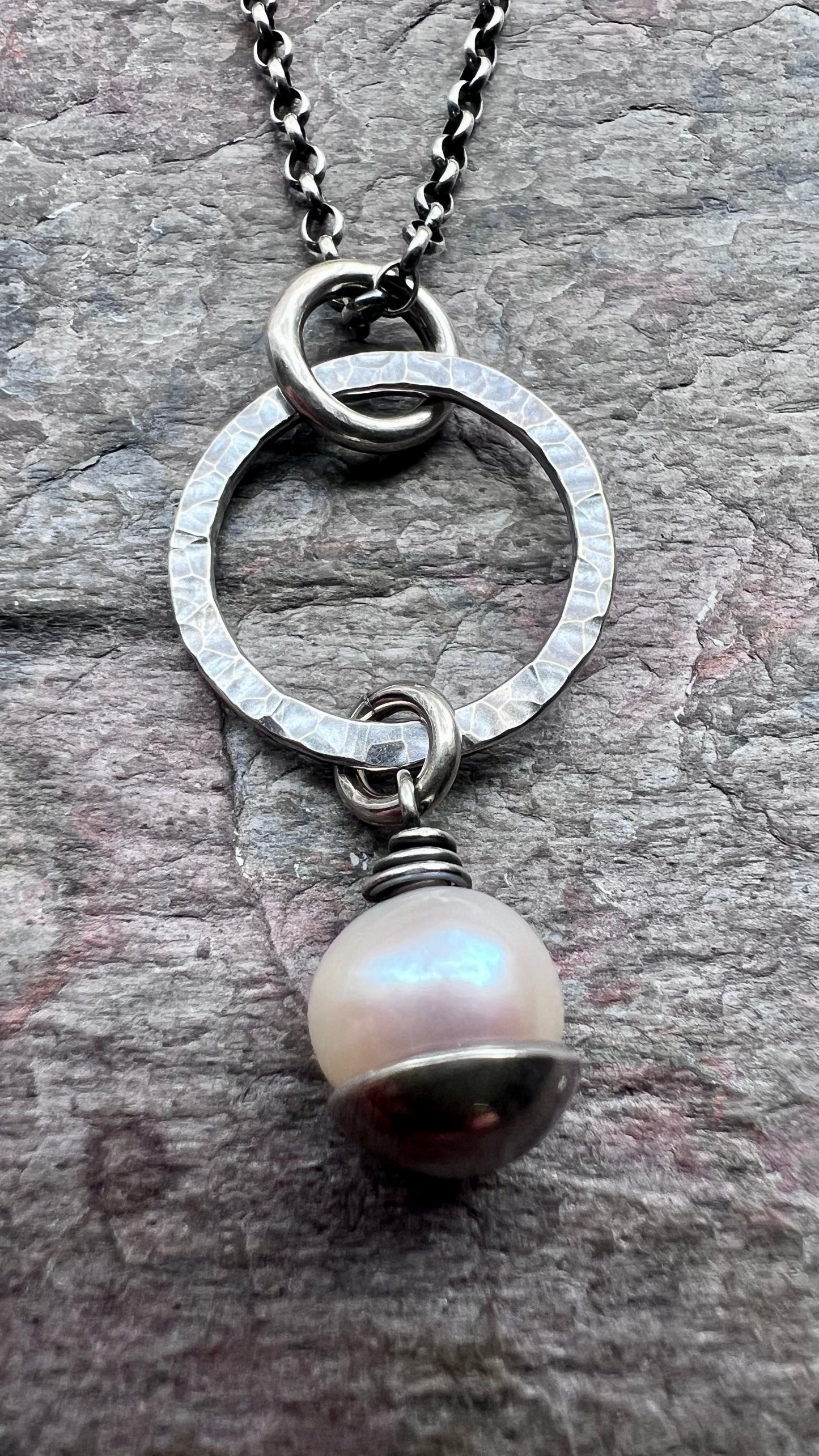 Sterling Silver Pearl Necklace - Genuine Freshwater Pearl and Hammered Ring Pendant