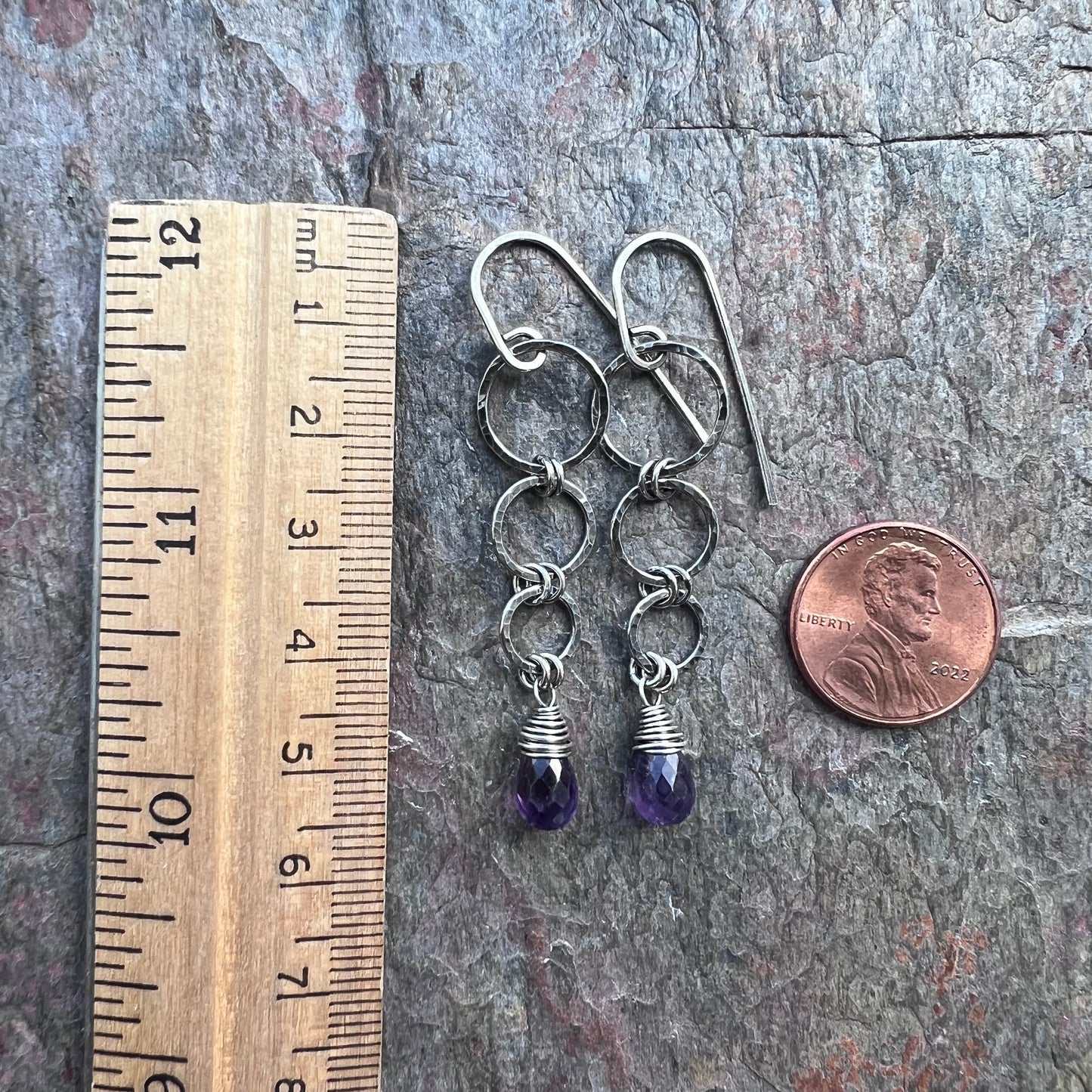 Sterling Silver Amethyst Earrings - Genuine Amethyst and Hammered Silver Long Dangle Earrings
