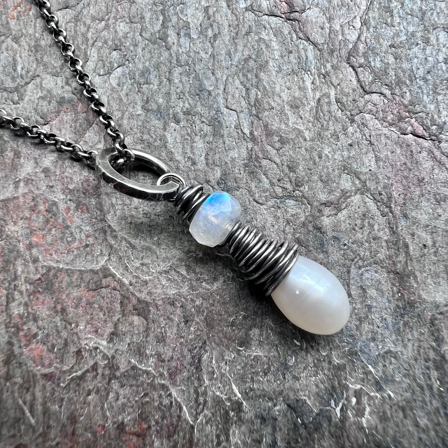 Rainbow Moonstone and Pearl Sterling Silver Necklace - Genuine Freshwater Pearl and Rainbow Moonstone Pendant on Sterling Silver Chain