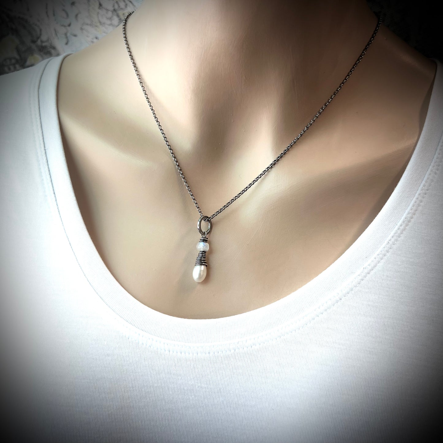 Rainbow Moonstone and Pearl Sterling Silver Necklace - Genuine Freshwater Pearl and Rainbow Moonstone Pendant on Sterling Silver Chain