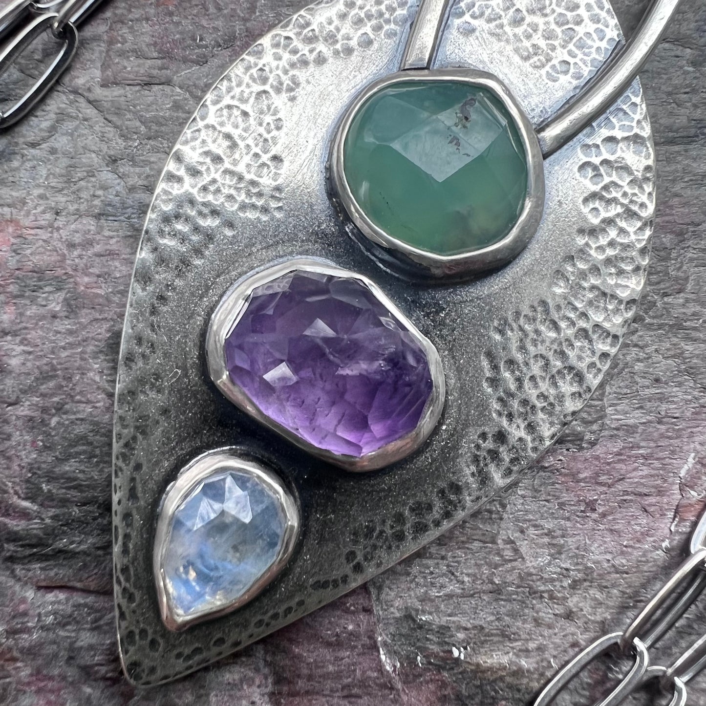 Chrysoprase, Amethyst, and Rainbow Moonstone Sterling Silver Necklace - Handmade One-of-a-kind Pendant on Sterling Silver Chain
