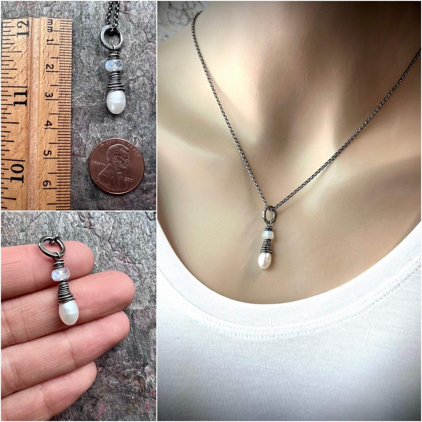 Rainbow Moonstone and Pearl Sterling Silver Necklace - Genuine Freshwater Pearl and Rainbow Moonstone Pendant on Sterling Silver Chain