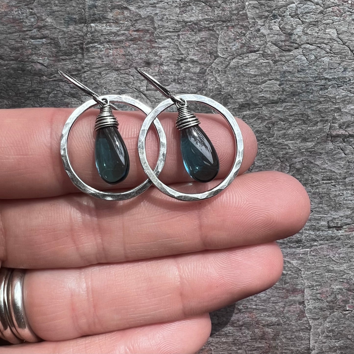 Sterling Silver and Vintage Glass Earrings - Teal Teardrops in Hammered Sterling Silver Circles