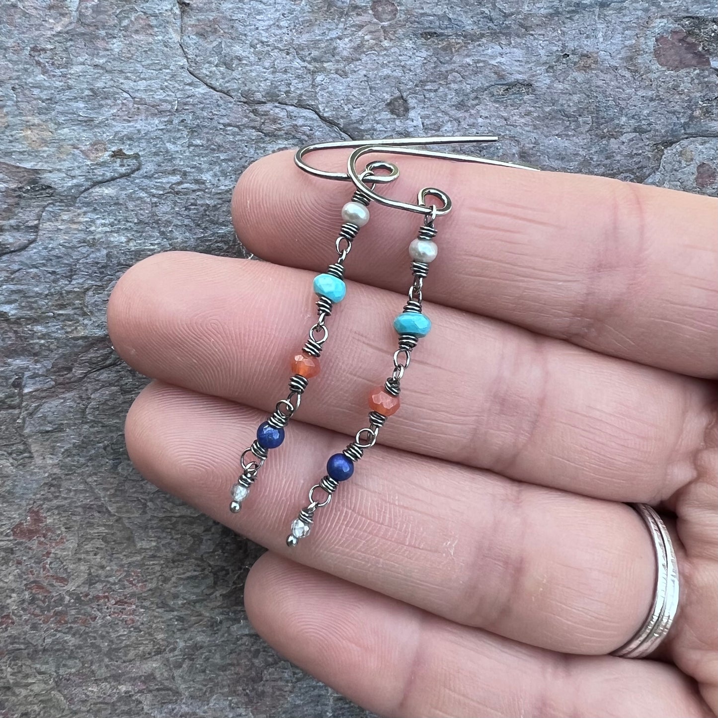 Pearl, Turquoise, Carnelian, Lapiz, and Zircon Sterling Silver and Black Pearl Earrings