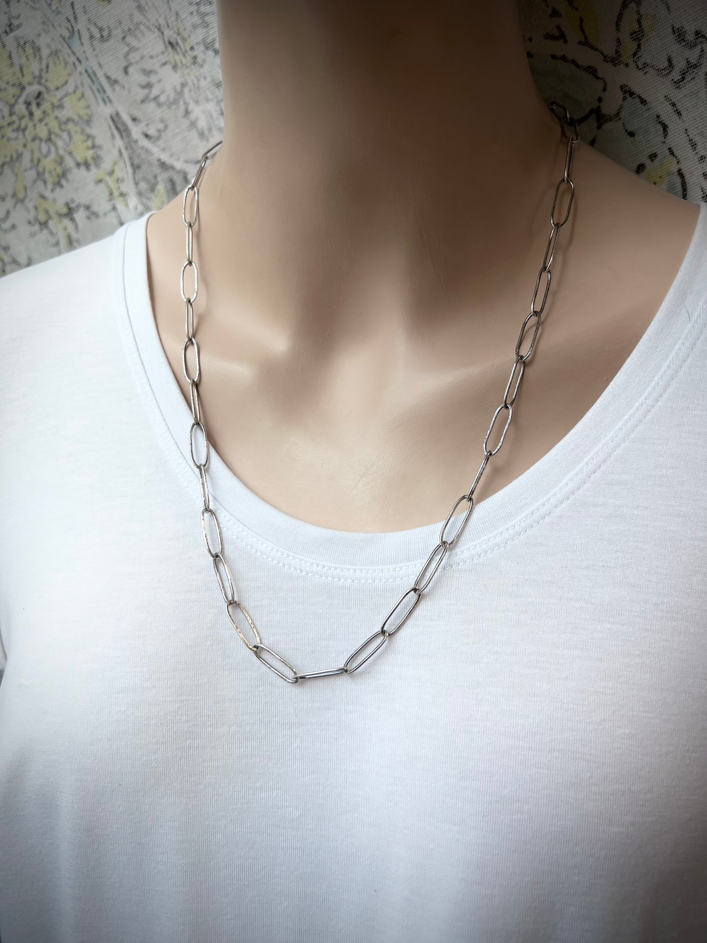 Sterling Silver Handmade Elongated Cable Chain with Handmade Hook Clasp