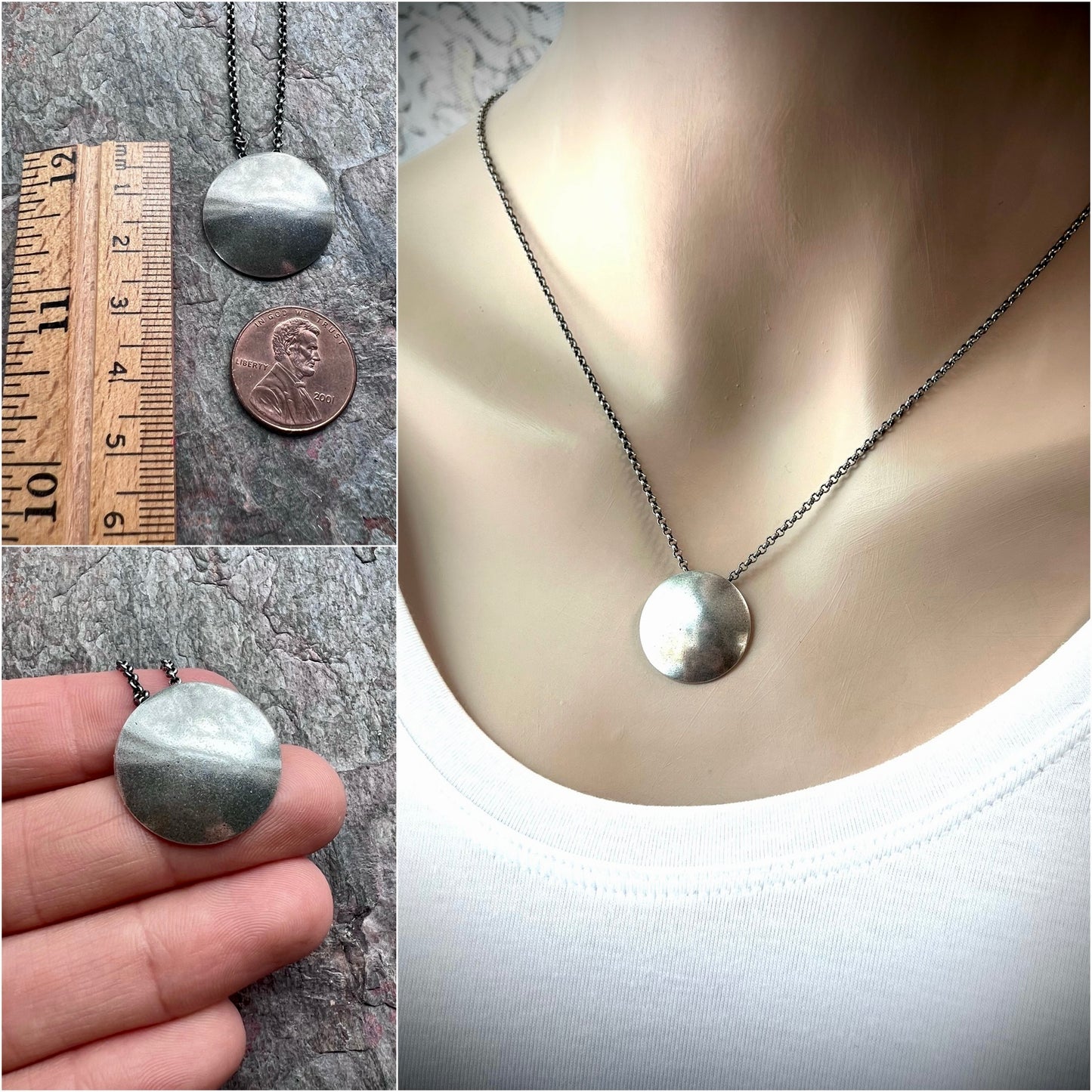 Sterling Silver Domed Circle Necklace - Handmade Sterling Silver Pendant on Sterling Silver Chain