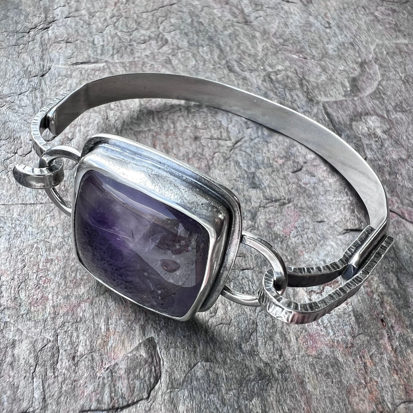Amethyst Sterling Silver Bracelet - Handmade One-of-a-kind Tension Cuff Bracelet