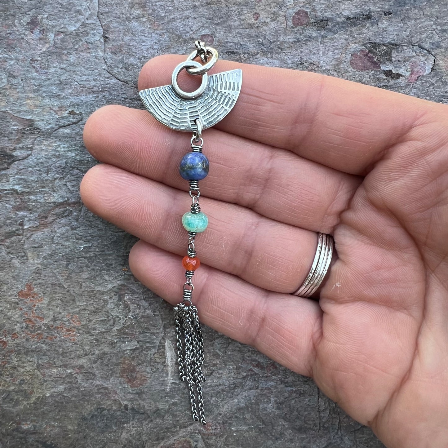 Sterling Silver Natural Stone Necklace - Lapis Lazuli, Amazonite, and Carnelian Pendant