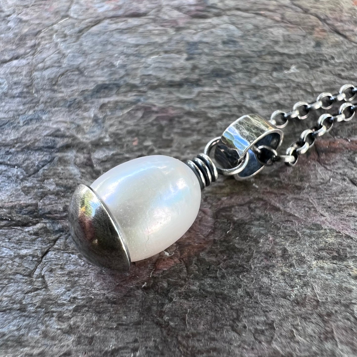 Sterling Silver Pearl Necklace - Genuine Freshwater Oval Pearl Pendant on Sterling Silver Chain