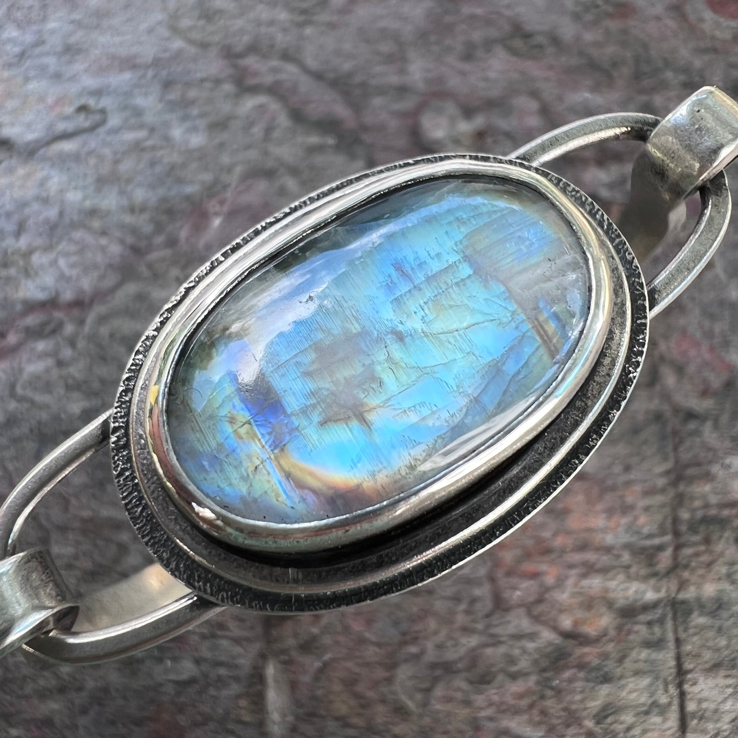 Rainbow Moonstone Sterling Silver Bracelet - Handmade One-of-a-kind Tension Cuff Bracelet