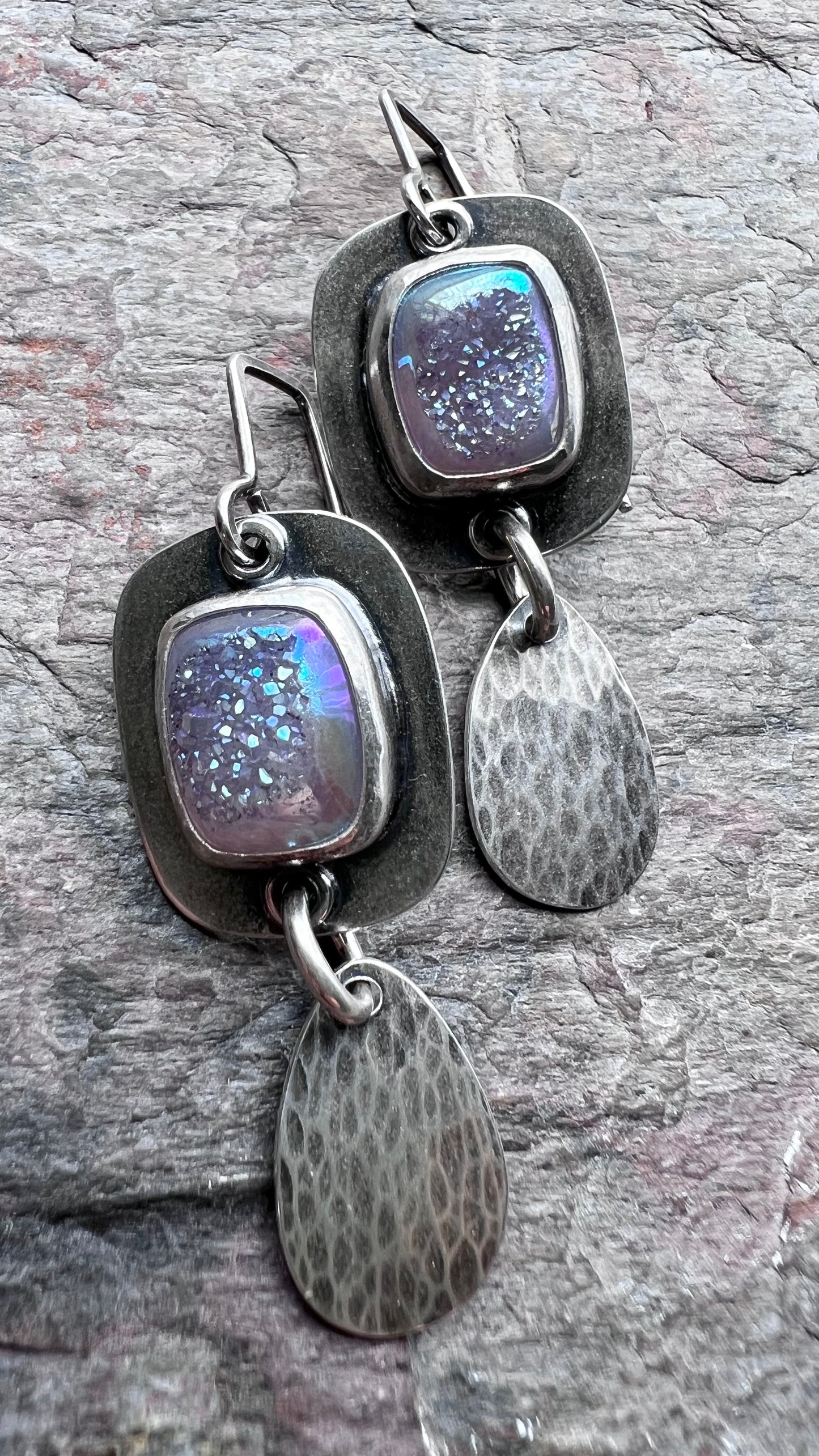 Sterling Silver Druzy Earrings - Handmade One-of-a-kind Agate Druzy and Teardrop Earrings