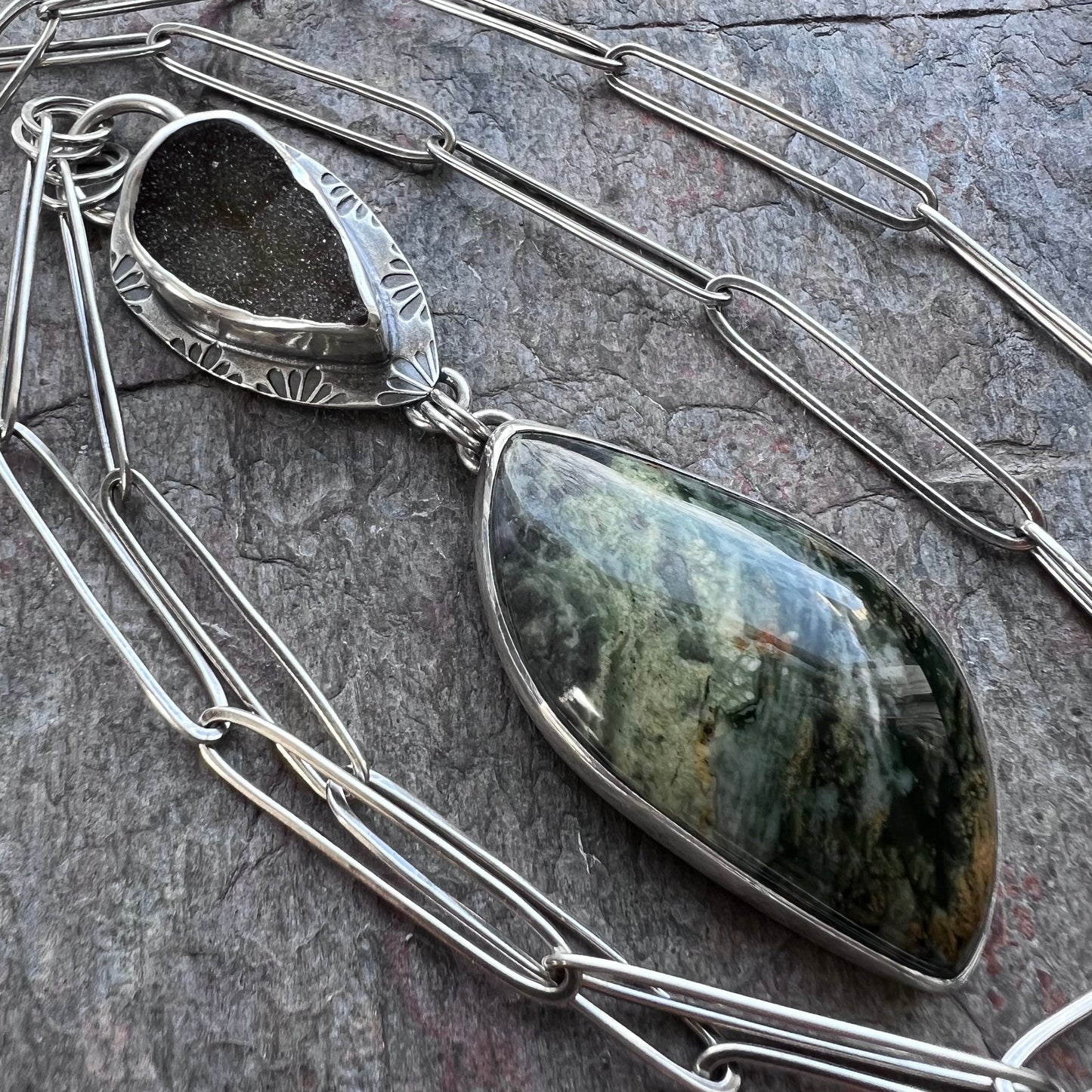 SOLD Sterling Silver Serpentine and Druzy Necklace - Handmade One-of-a-kind Pendant on Elongated Sterling Silver Chain