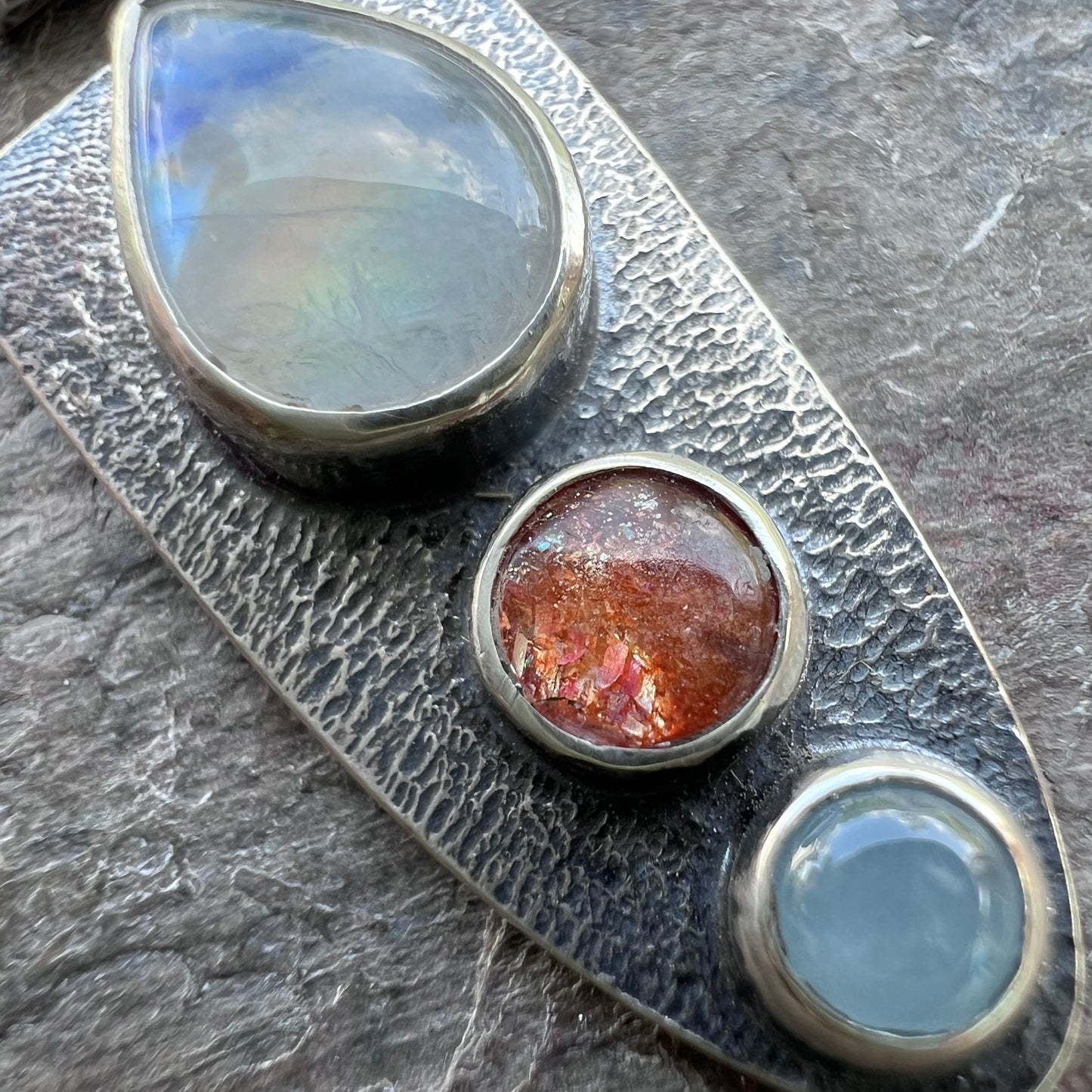 Rainbow Moonstone, Sunstone, and Aquamarine Pendant - Handmade One-of-a-kind Pendant